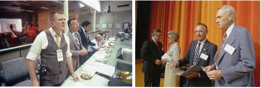 Left: In the Mission Operations Control Room of NASA’s Johnson Space Center, Center Director Christopher C. Kraft, second from left, during STS-1, the first flight of the reusable space shuttle, in April 1981. Right: In July 1981, Kraft, second from right, with NASA Administrator James M. Beggs, right, at the ceremony that named Johnson’s main auditorium after late Texas Congressman Olin E. “Tiger” Teague. Credits: NASA