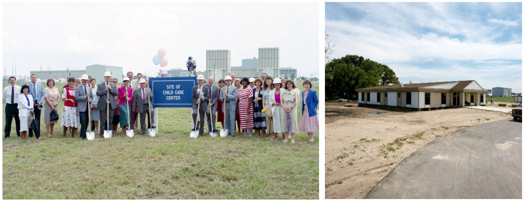 Left: Cohen, director of NASA’s Johnson Space Center, to the right of the sign during the groundbreaking ceremony for the JSC Child Care Center in July 1989. Right: The JSC Child Care Center shortly before its opening in April 1990. Credits: NASA