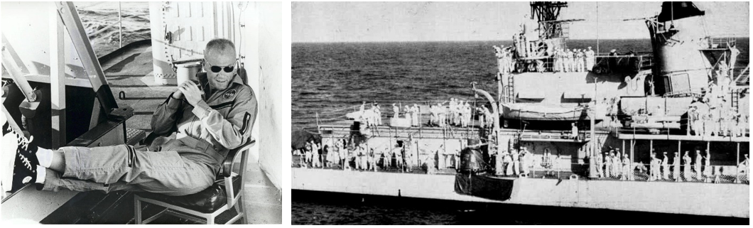 Left: Astronaut John H. Glenn relaxes aboard the U.S.S. Noa awaiting his helicopter ride to the U.S.S. Randolph. Right: A helicopter view of Friendship 7 amid ships aboard the destroyer U.S.S. Noa. Credits: Courtesy U.S. Navy