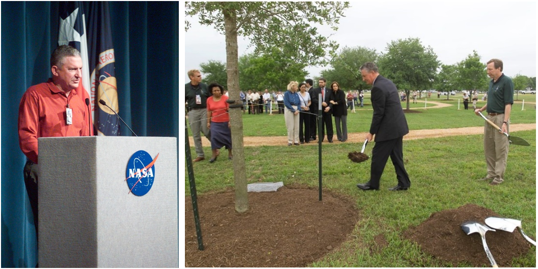 Left: Johnson Director Jefferson D. Howell addresses employees in the days after the Columbia accident. Right: In April 2003, Howell leads the tree-planting ceremony for the STS-107 Columbia crew at Johnson. Credits: NASA