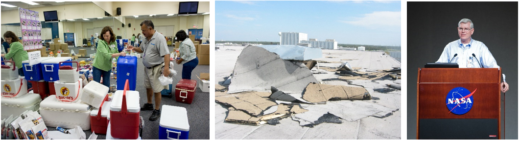 Left: A refresh and recharge station is set up in the Gilruth Recreation Center of NASA’s Johnson Space Center in Houston to help employees and their families in the aftermath of Hurricane Ike in September 2008. Middle: Roof damage to a Johnson building caused by Hurricane Ike. Right: Director Michael L. Coats addresses employees in the days after Hurricane Ike. Credits: NASA