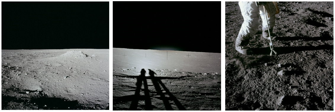 Left: Conrad’s photograph of the Large Mound northwest of Intrepid. Middle: Looking inside Middle Crescent Crater, with the astronauts’ shadows (Conrad on the left and Bean on the right). Right: Conrad about to collect a rock sample.