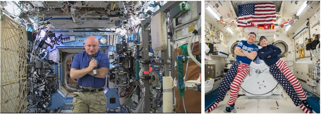 Left: July 4, 2015. NASA astronaut Scott J. Kelly records a Fourth of July message during Expedition 44. Right: July 4, 2017. During Expedition 52, NASA astronauts Jack D. Fischer and Peggy A. Whitson show off their patriotic outfits. Credits: NASA