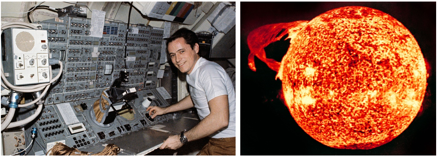 Left: Gibson at the controls of the Apollo Telescope Mount (ATM). Right: An image of a solar flare captured by one of the ATM instruments. Credits: NASA