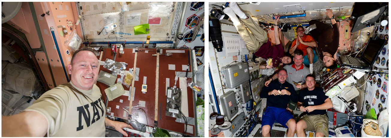 Thanksgiving 2014. Left: Eager for Thanksgiving, Expedition 42 commander Barry E. “Butch” Wilmore sets out his meal several days in advance. Right: From left, Expedition 42 crew members Wilmore, Samantha Cristoforetti, Aleksandr M. Samokutyayev, Anton N. Shkaplerov, Terry W. Virts, and Elena O. Serova enjoy Thanksgiving. Credits: NASA