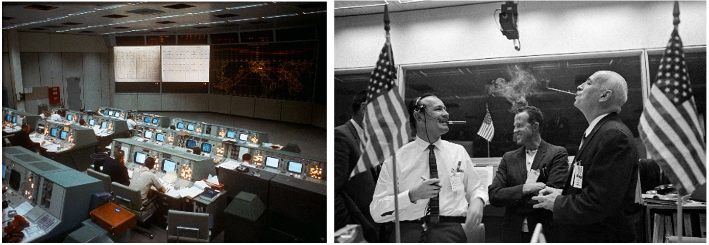 Middle: Mission control at the MSC, now Johnson Space Center, during the marathon Gemini VII mission.  Right: Gemini VII Flight Director Christopher C. Kraft, left, celebrates the successful Gemini VI and VII rendezvous with astronaut L. Gordon Cooper and MSC Director Robert R. Gilruth. Credits: NASA