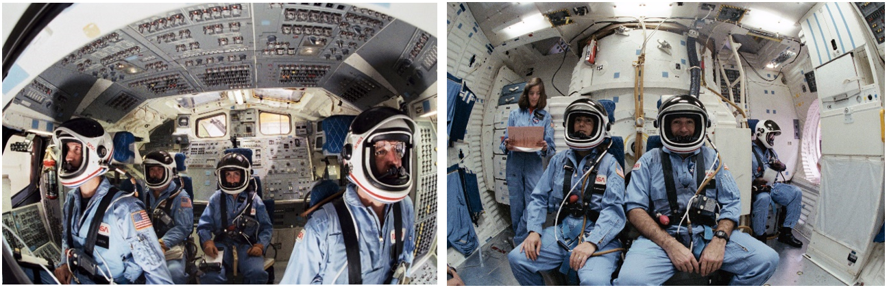 Left: Four members of the STS-51L crew on the flight deck of the shuttle crew compartment trainer (CCT) – Smith, left, Onizuka, Resnik, and Scobee. Right: Backup payload specialist Morgan, left, McAuliffe, Jarvis, and McNair in the middeck of the CCT on Dec. 17, 1985. Credits: NASA