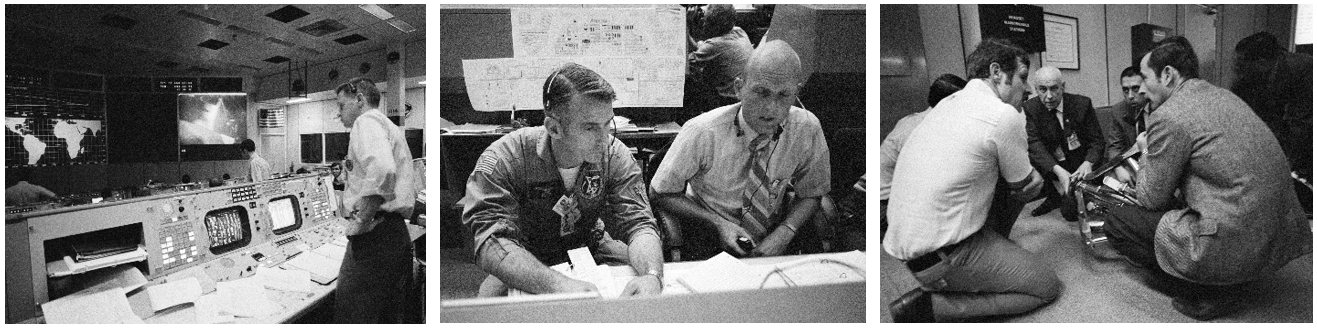 Left: In the MCC in Houston, Flight Director M.P. “Pete” Frank during the Apollo 14 transposition and docking maneuver. Middle: Apollo 14 backup commander Eugene A. Cernan assists capsule communicator C. Gordon Fullerton during the Apollo 14 transposition and docking maneuver. Right: Flight Controller John S. Llewellyn uses a docking probe model to discuss the anomaly during the Apollo 14 docking with Manned Spacecraft Center Director Robert L. Gilruth, left, George W.S. Abbey, and astronaut John W. Young. Credits: NASA