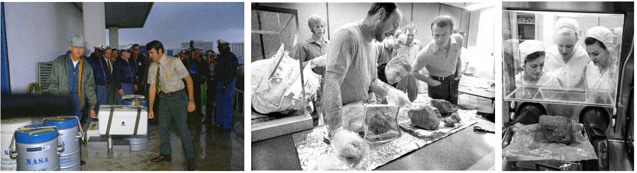 Left: On the loading dock of the LRL at the MSC, engineers deliver the lunar samples and film returned from the Apollo 14 mission. Middle: In the LRL, Apollo 14 astronauts Edgar D. Mitchell, left, Stuart A. Roosa, and Alan B. Shepard examine lunar samples they collected in the Fra Mauro region of the Moon.  Right: In the Nonsterile Nitrogen Laboratory in the LRL, technicians Linda Tyler, left, Nancy L. Trent, and Sandra Richards peer through the glass at a basketball-sized rock returned by the Apollo 14 astronauts. Credits: NASA