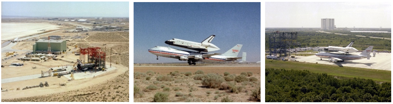 Left: At NASA’s Dryden Flight Research Facility, ground crews tow Columbia to the mate-demate device as the Boeing 747 Shuttle Carrier Aircraft (SCA) approaches at upper left. Right: The SCA carrying Columbia departs Dryden for the ferry flight back to NASA’s Kennedy Space Center in Florida. Right: After arriving at Kennedy, the SCA carrying Columbia approaches the mate-demate device. Credits: NASA