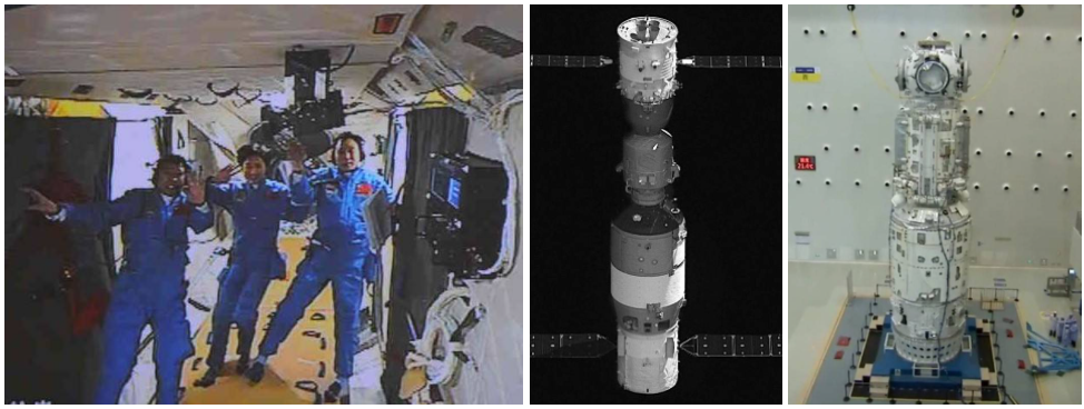 Left: Taikonauts Liu Wang, left, Liu Yang, and Jing Haipeng aboard the Chinese Tiangong 1 space station in 2012. Credit: Image courtesy of spaceflightnow.com. Middle: The Chinese Tiangong 2 space station, at bottom, docked with the Shenzhou 11 crew transport vehicle in 2016. Credit: Image courtesy of China Space Report. Right: The Chinese Tianhe space station core module undergoes preflight testing in preparation for its launch in 2021. Credit: Image courtesy of CMSA.