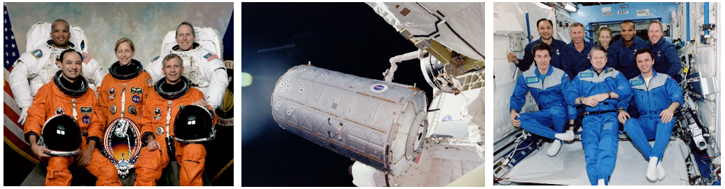 Left: NASA astronaut Mark L. Polansky, front row, left, with his STS-98 crewmates. Middle: The robotic arm lifting the Destiny module from Atlantis’ payload bay. Right: Polansky, back row, left, with his STS-98 crewmates and the Expedition 1 crew in the newly delivered Destiny module. Credits: NASA