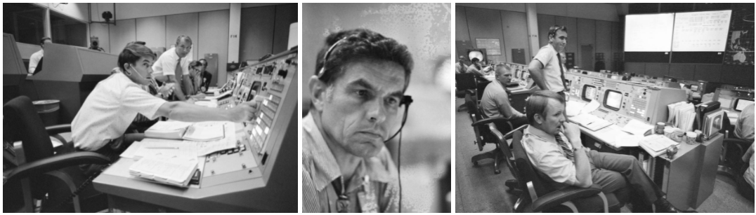 Left: In the Mission Control Center (MCC) at the Manned Spacecraft Center, now NASA’s Johnson Space Center in Houston, capsule communicator (capcom) Joseph P. Allen, left, and Apollo 15 backup Command Module Pilot Vance D. Brand monitor the Apollo 15 mission. Middle: Astronaut Karl D. Henize, serving as capcom during Apollo 15. Right: Flight Directors Eugene F. Kranz, left, Milton L. Windler, and Gerald D. Griffin monitor the progress of Apollo 15.