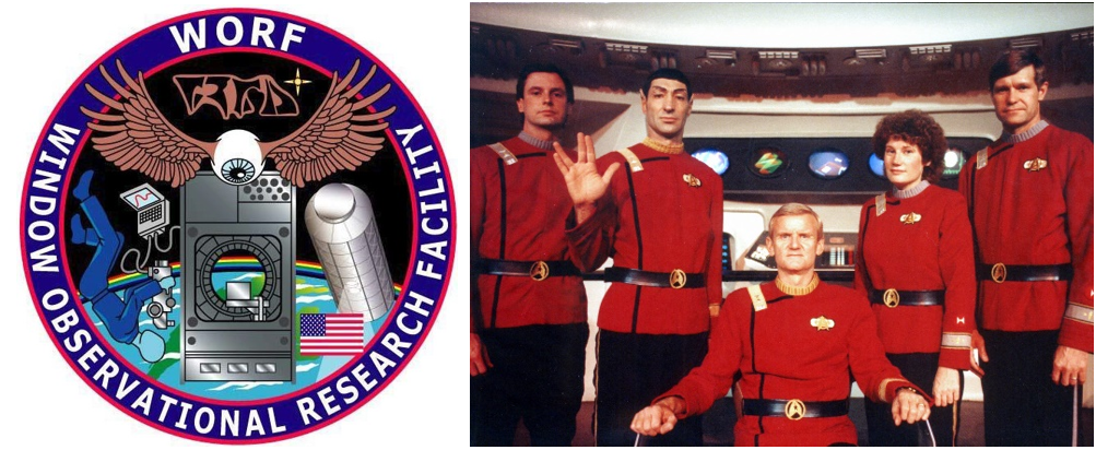 Left: The patch for the space station’s Window Observational Research Facility, or WORF, including the Klingon writing just below the letters “WORF.” Right: The STS-54 crew of Space Shuttle Endeavour wearing Star Trek officers’ uniforms. Credits: NASA