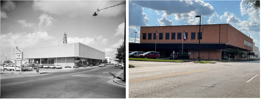 Left: The East End State Bank Building (Site 6) at 4200 Leeland St. housed the Manned Spacecraft Center’s personnel offices and the NASA Credit Union. Right: Today, the building is the home for the City of Houston Utility Customer Service.