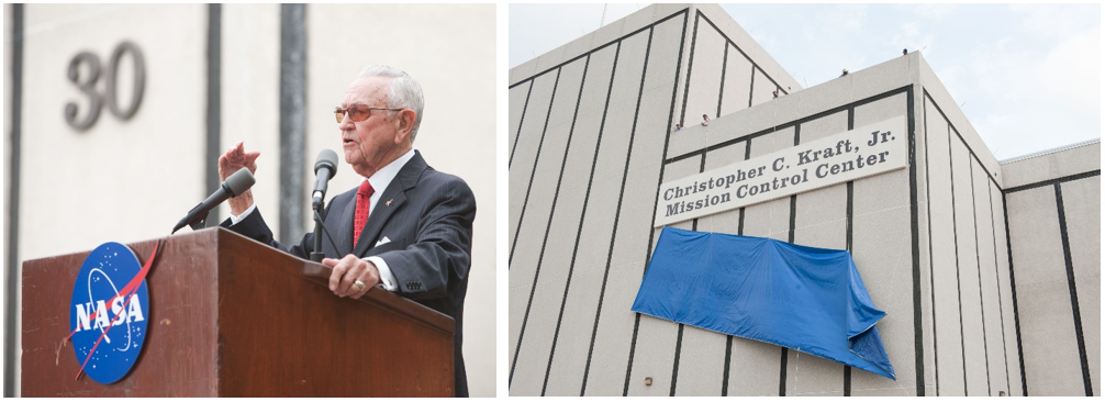 Left: In 2011, Christopher C. Kraft Jr. speaks at the ceremony naming Building 30 in his honor. Right: The unveiling of the sign bearing Kraft’s name. Credits: NASA