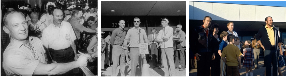 Left: Apollo 11 astronauts Edwin E. “Buzz” Aldrin, left, Michael Collins, and Neil A. Armstrong shake well-wishers’ hands as they leave the LRL at the end of their 21-day postflight quarantine. Middle: Apollo 12 astronauts Alan L. Bean, left, Richard F. Gordon, and Charles “Pete” Conrad leave the LRL following their 21-day quarantine. Right: Apollo 14 astronauts Alan B. Shepard, left, Stuart A. Roosa, and Edgar D. Mitchell leave the LRL — the last crew to undergo the 21-day postflight quarantine. Credits: NASA