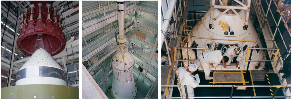 Left: An Apollo boilerplate spacecraft undergoes an acoustic test in Building 49’s Vibration and Acoustic Test Facility (VATF) in May 1966. Middle: A complete Apollo spacecraft following a vibration test in the VATF in February 1968. Right: Astronaut L. Gordon Cooper exits the Apollo Command Module following a low-frequency vibration test in the VATF in February 1968. Credits: NASA