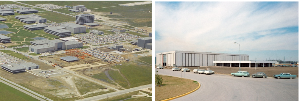 Left: Aerial view of the Manned Spacecraft Center in Houston, now NASA’s Johnson Space Center, in 1966, with Building 9 under construction at the center of the photograph. Right: Exterior view of the nearly completed Building 9 in February 1967. Credits: NASA