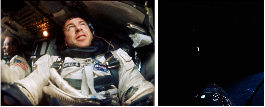 Left: In a still from a video, Gemini XII astronauts Edwin E. “Buzz” Aldrin, left, and James A. Lovell are seen in the cramped quarters of their spacecraft. Right: During the third spacewalk, Aldrin photographed several of the items he discarded, including the extravehicular life support system chest pack he used during the previous day’s umbilical spacewalk. Credits: NASA