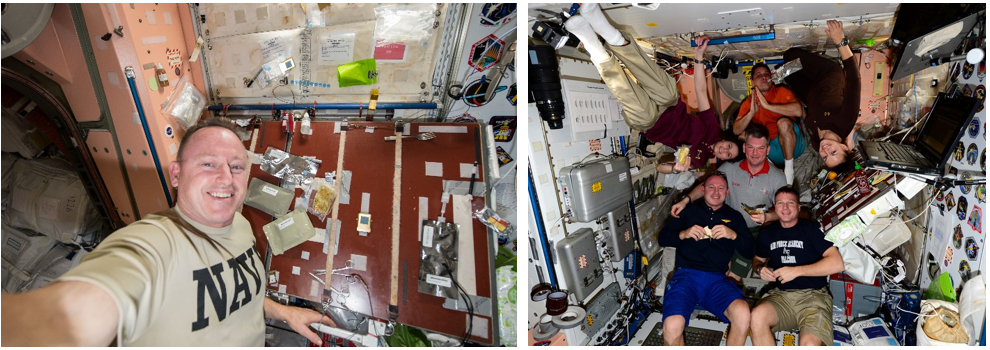 Thanksgiving 2014. Left: Eager for Thanksgiving, Expedition 42 commander and NASA astronaut Barry E. “Butch” Wilmore sets out his meal several days in advance. Right: Expedition 42 crew members Wilmore, left, Samantha Cristoforetti of ESA, Aleksandr M. Samokutyayev and Anton N. Shkaplerov of Roscosmos, NASA astronaut Terry W. Virts, and Elena O. Serova of Roscosmos enjoy the Thanksgiving Day dinner. Credits: NASA