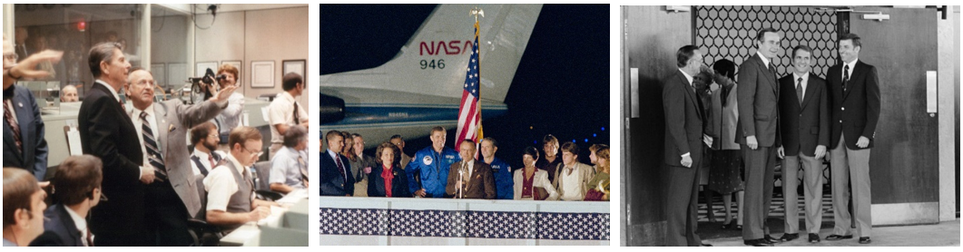 Left: In November 1982, during the STS-2 mission, Johnson Director Christopher C. Kraft describes the Mission Operations Control Room to President Ronald W. Reagan during his visit. Middle: The following day, Kraft, center, welcomes STS-2 astronauts Joe H. Engle and Richard H. Truly back to Houston at Ellington Air Force Base. Right: And the day after that, Kraft, left, stands with Vice President George H.W. Bush to welcome Truly and Engle home at Johnson’s Gilruth Center. Credits: NASA