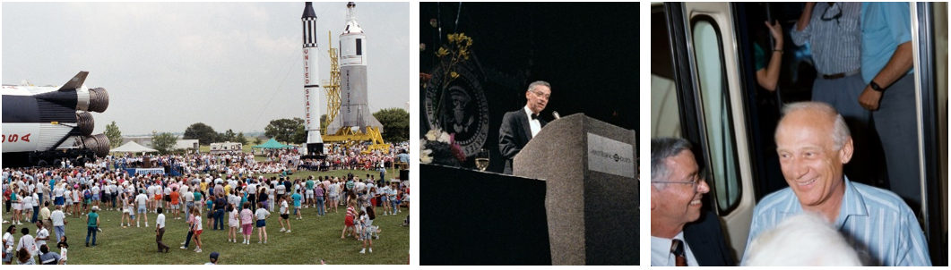 Left: Crowds gathered in July 1989 at Rocket Park at NASA’s Johnson Space Center to celebrate the 20th anniversary of the Apollo 11 Moon-landing mission. Middle: Director Aaron Cohen speaks at the Apollo 11 20th anniversary event. Right: Cohen, left, with Apollo 11 astronaut Edwin E. “Buzz” Aldrin during the 20th anniversary celebrations. Credits: NASA