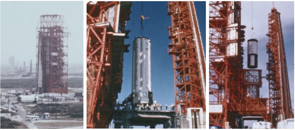Left: At the Cape Kennedy Air Force Station in Florida, now Cape Canaveral Space Force Station, on its way to Launch Complex 37B (LC-37B), the S-IB first stage of the Saturn IB rocket for the AS-206 mission rolls by Launch Complex 34, where the Apollo 1 rocket and spacecraft are stacked. Middle: Workers place the AS-206 S-IB stage on LC-37B. Right: Workers stack the S-IVB second stage of the AS-206 rocket. Credits: NASA