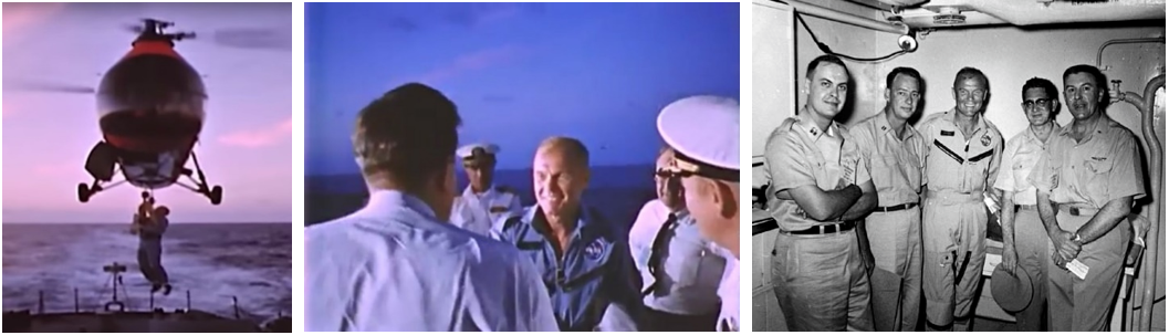 Left: Astronaut John H. Glenn is hoisted onto a helicopter for the short flight from the U.S.S. Noa to the prime recovery ship, the aircraft carrier U.S.S. Randolph. Middle: Glenn, center, is welcomed aboard the U.S.S. Randolph. Right: Glenn, center, with medical staff aboard the U.S.S. Randolph. Credits: NASA