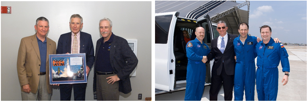 Left: Director of NASA’s Johnson Space Center Jefferson D. Howell, left, with Houston Astros owner Drayton McLane and NASA Administrator Sean O’Keefe at the Astros tribute to the STS-107 Columbia crew. Right: Howell, second from left, greets the Expedition 6 crew upon their arrival at Ellington Field in May 2003. Credits: NASA