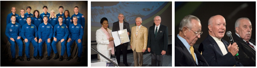 Left: The astronaut class of 2009. Middle: Director of NASA’s Johnson Space Center in Houston Michael L. Coats, second from left, with U.S. Representative Sheila Jackson Lee, left, and Apollo 11 astronauts Edwin E. “Buzz” Aldrin and Neil A. Armstrong during the celebration to mark the 40th anniversary of the first Moon landing. Right: Former Johnson directors Christopher C. Kraft, left, Gerald D. Griffin, and George W.S. Abbey speak on a panel during the Apollo 11 40th anniversary celebration. Credits: NASA