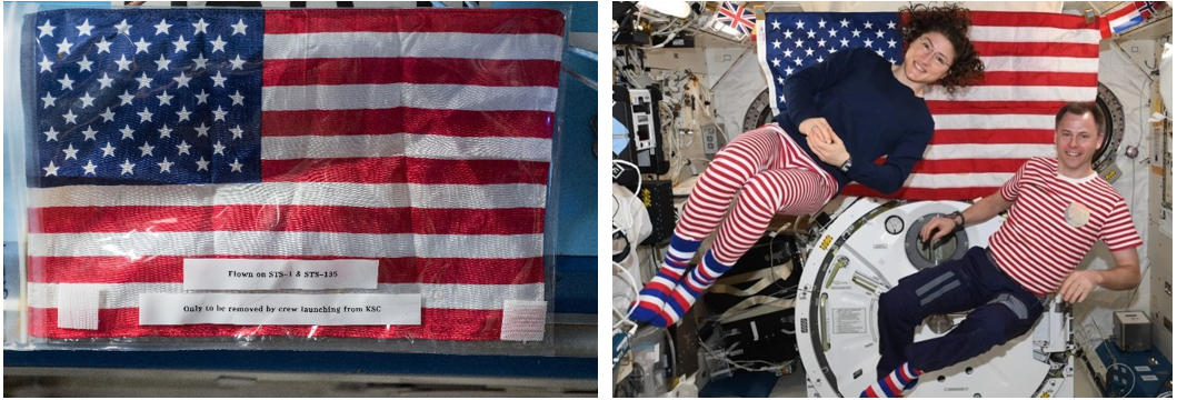 Left: July 4, 2018. The Expedition 56 crew found the American flag originally flown aboard STS-1 and brought to the space station by STS-135. Right: July 4, 2019. Expedition 60 astronauts Christina H. Koch and Tyler N. “Nick” Hague in their finest patriotic outfits. Credits: NASA