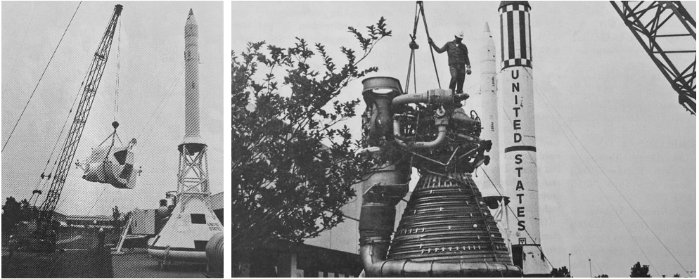 Left: Workers dismantle the Lunar Module mock-up outside the Building 2 auditorium in May 1975. Right: Workers install an F-1 engine from a Saturn V rocket outside the Building 2 auditorium in June 1975. Credits: NASA