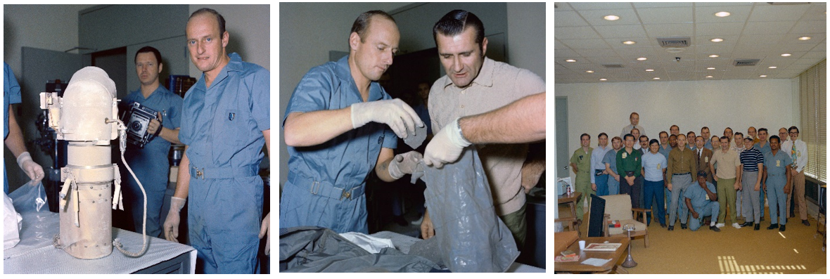 Left: Conrad inspects the Surveyor 3 camera in the LRL. Middle: Conrad (left) and Gordon inspect some of the Moon rocks in the LRL. Right: The Apollo 12 crew pose with the LRL personnel in the Crew Reception Area.