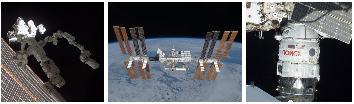 Additions in 2009. Left: The Dextre SPDM. Middle: The final S6 truss segment and solar arrays. Right:  The Poisk research module.