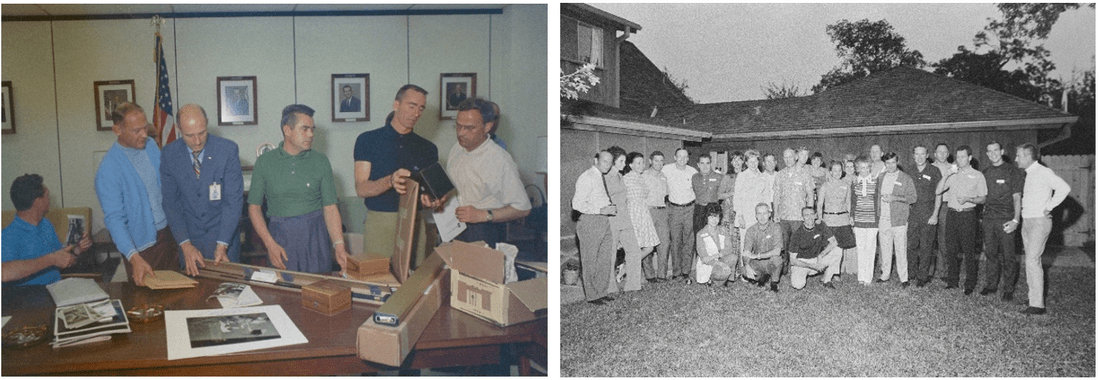 Left: Exchanging gifts at the MSC are Sevastyanov, left, Aldrin, Stafford, Nikolayev, R. Walter Cunningham, and an unidentified interpreter. Right: An informal gathering of astronauts at the home of James A. McDivitt to honor Nikolayev and Sevastyanov. Credits: NASA