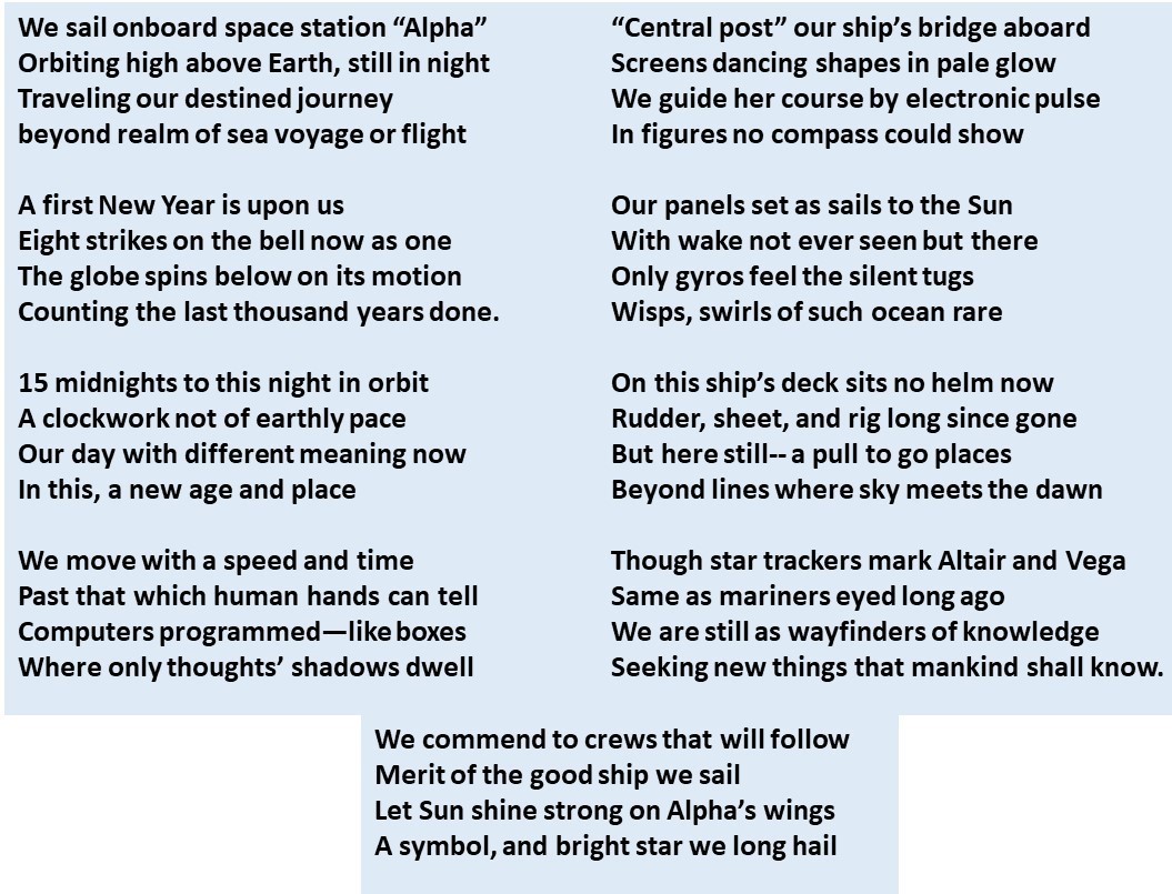 Expedition 1 commander and NASA astronaut William M. Shepherd’s poem, written for the New Year’s Day 2001 entry in the space station’s log, in keeping with naval tradition. Credits: NASA