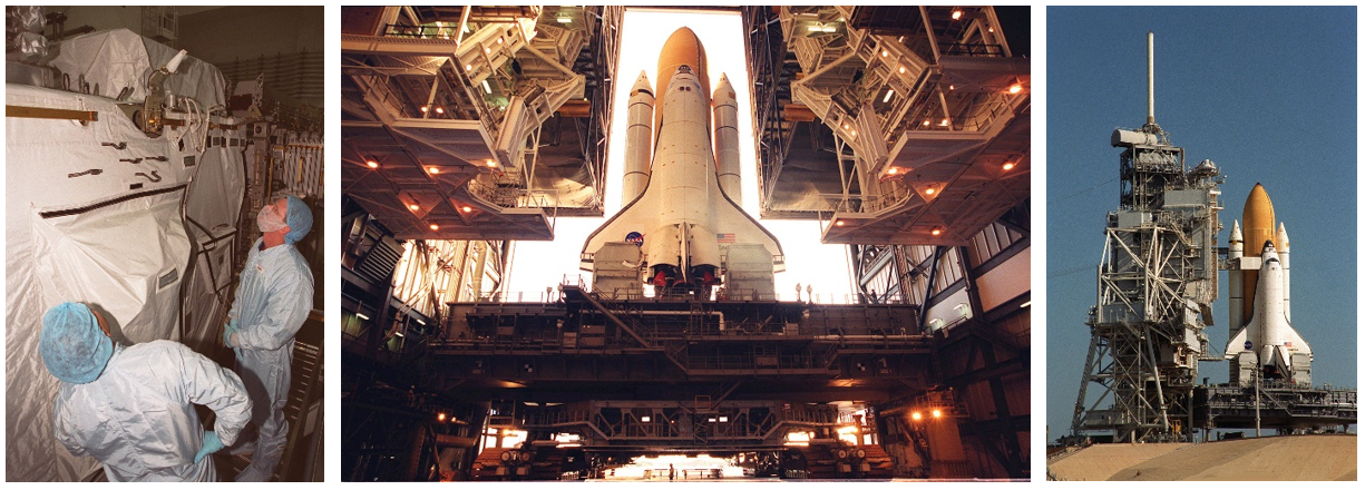 Left: STS-97 crew members Carlos I. Noriega and Joseph R. Tanner examine the P6 truss segment at NASA’s Kennedy Space Center. Middle: Space Shuttle Endeavour begins its rollout to the launch pad.  Right: Endeavour at Launch Pad 39B. Credits: NASA