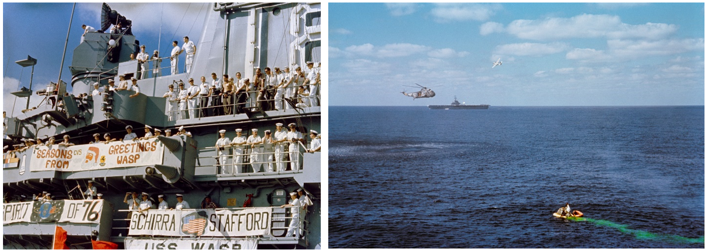 Left: The prime recovery ship USS Wasp (CVS-18) ready to welcome home the Gemini VI astronauts.  Right: Photograph taken from a helicopter of the Gemini VI recovery operations, with the USS Wasp in the background. Credits: NASA