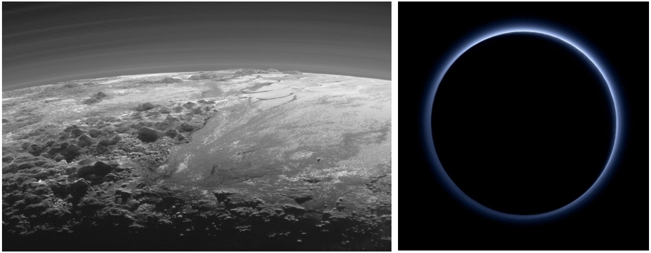 Left: An image taken just 15 minutes after closest approach shows a setting sun highlighting mountains and haze layers above Pluto’s surface. Right: In an image taken 15 hours after closest approach and from 480,000 miles away, solar backlighting reveals Pluto’s haze layer. Credits: NASA/Johns Hopkins University Applied Physics Laboratory/Southwest Research Institute