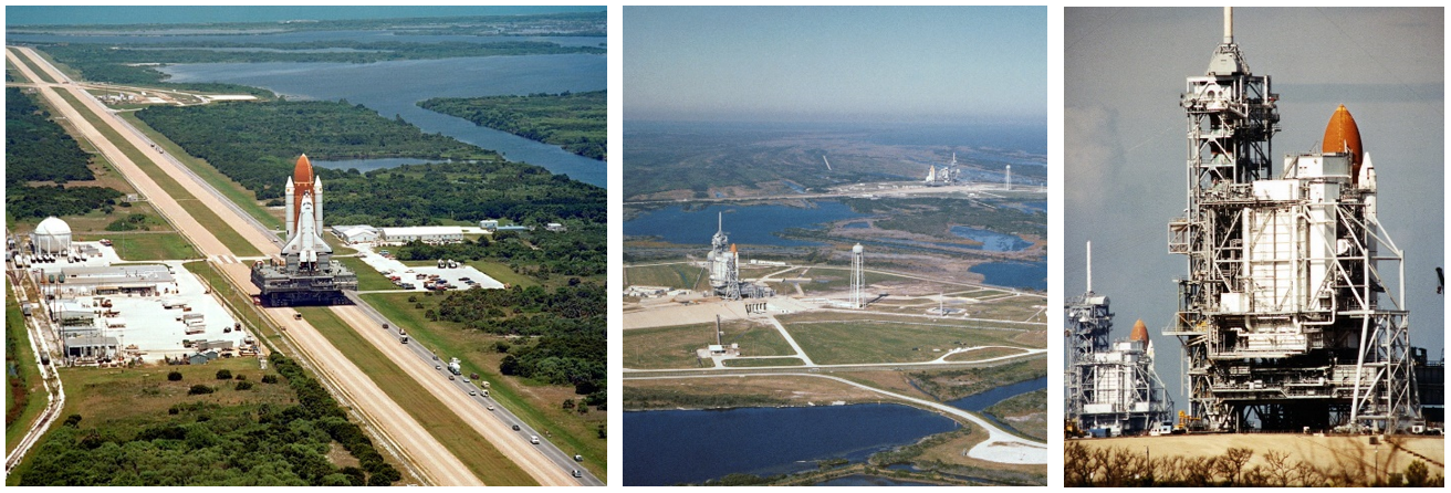 Left: Space Shuttle Challenger during the rollout to Launch Pad 39B at NASA’s Kennedy Space Center. Middle: Aerial view of space shuttle Columbia on Launch Pad 39A, left, and space shuttle Challenger approaching Launch Pad 39B. Right: For the first time in history, space shuttles occupied both pads at Launch Complex 39, with Challenger on Pad B, left, and Columbia on Pad A. Credits: NASA