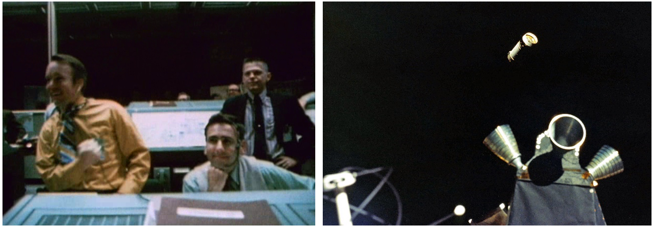 Left: Apollo 14 Flight Directors Gerald D. “Gerry” Griffin, left, Milton L. Windler, and M.P. “Pete” Frank cheer as docking is accomplished on the sixth attempt. Right: The Saturn V rocket’s spent third stage as it moves away from the docked Apollo 14 spacecraft. Credits: NASA