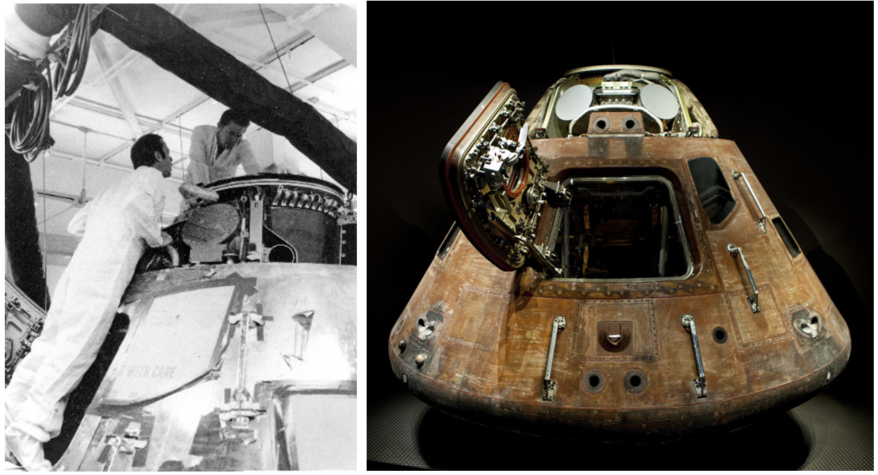 Left: In the LRL, Apollo 14 astronauts Alan B. Shepard, left, and Stuart A. Roosa examine their CM Kitty Hawk. Right: The Apollo 14 CM Kitty Hawk on display at the Visitor Complex at NASA’s Kennedy Space Center. Credits: NASA