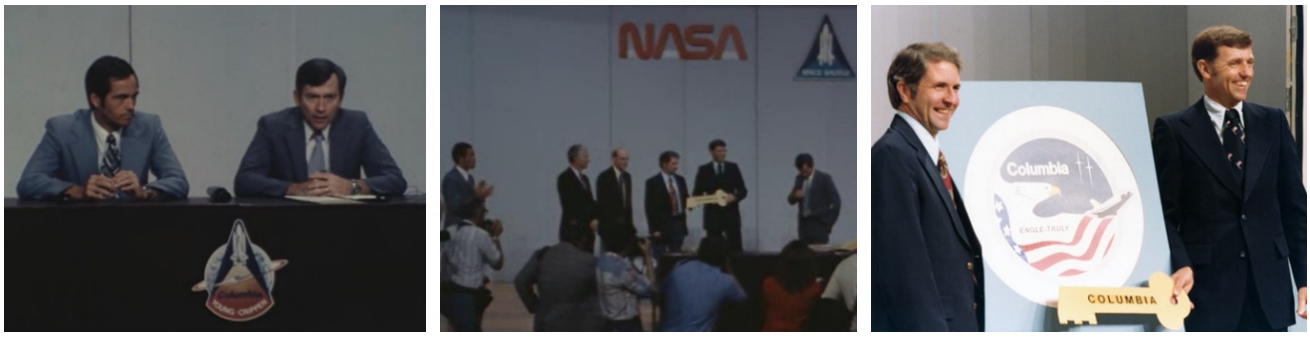 Left: STS-1 astronauts Robert L. Crippen, left, and John W. Young during the postflight press conference. Middle: At the end of the press conference, Young, far right, introduces STS-2 prime and backup crew members Henry W. Hartsfield, Thomas K. Mattingly, Richard H. Truly, and Joe H. Engle, as Crippen, far left, looks on. Right: STS-2 prime crew members Truly, left, and Engle display their mission patch and the key to Columbia to reporters.