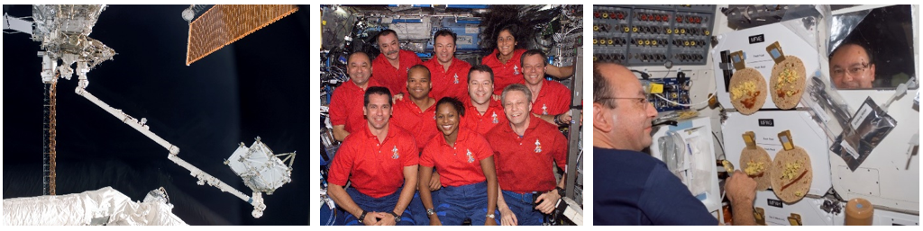 Left: The station’s robotic arm lifts the P5 truss segment out of Discovery’s payload bay. Middle: NASA astronaut Roman L. Polansky, middle row, left, with his STS-116 crewmates and the Expedition 14 crew. Right: Polansky prepares breakfast burritos in Discovery’s middeck. Credits: NASA