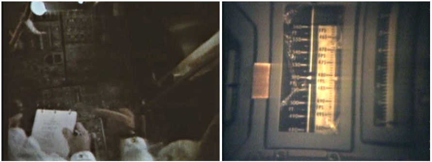 Left: Still image from TV downlink of Apollo 15 astronauts David R. Scott, left, and James B. Irwin during the first activation and inspection of the Lunar Module (LM) Falcon during the mission’s second day. Right: Still image from TV downlink of the broken glass cover on a tapemeter noted during the first LM inspection.