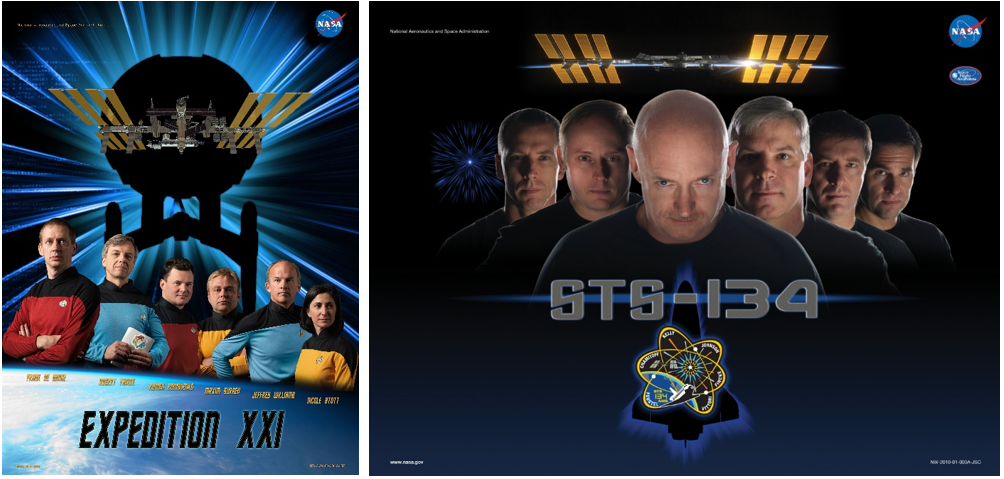 Left: The Space Flight Awareness (SFA) poster for the Expedition 21 crew. Right: The SFA poster for the STS-134 crew of Space Shuttle Endeavour. Credits: NASA