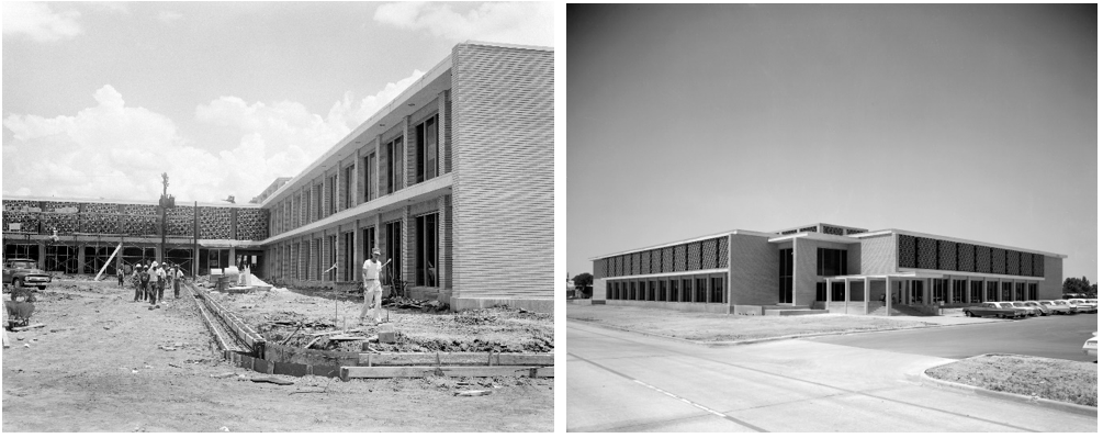 Left: The Office City complex (Site 7) under construction off the Gulf Freeway in 1962. Right: The newly completed complex in 1963 housed the Manned Spacecraft Center’s Flight Crew Operations Division. The building has since been torn down.