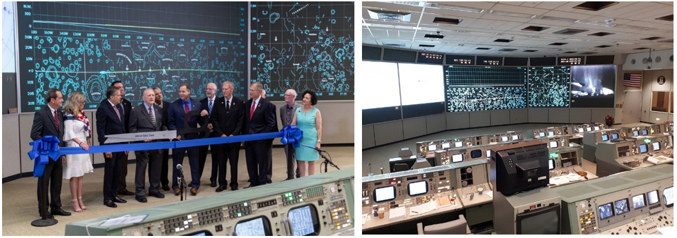 Left: Ribbon-cutting ceremony for the restored Apollo Mission Control Center on June 28, 2019. Right: Overview of the restored room. Credits: NASA