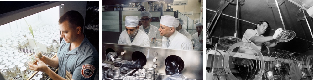 Left: In the LRL, botanist Charles H. Walkinshaw tests the effects of lunar soil returned by Apollo 11 on a variety of plants. Middle: Robert R. Gilruth, right, former director of the MSC in Houston, now NASA’s Johnson Space Center, examines lunar samples returned by Apollo 17. Right: Radiation Scientist Robert S. Clark prepares to load a sample of a personal radiation dosimeter worn by one of the Skylab-3 astronauts into the LRL’s radiation detector. Credits: NASA